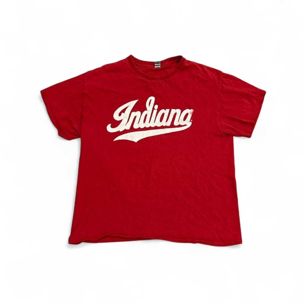 Indiana Hoosiers Script Logo Red Graphic T-Shirt Mens Large Gildan Heavy Cotton